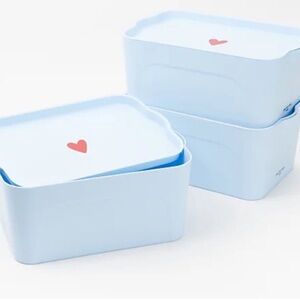 “New” Peace Love World 3 Stackable Storage Bins With Lids.  Blue With Red Hearts